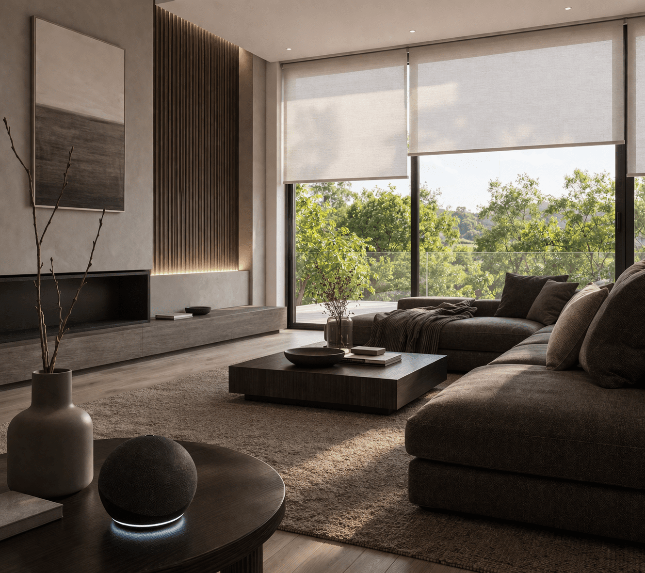 Livingroom with screen roller blinds and minimalistic decoration style
